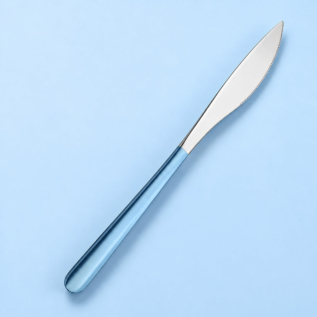 One sky blue and silver dinner knife on a soft studio background.