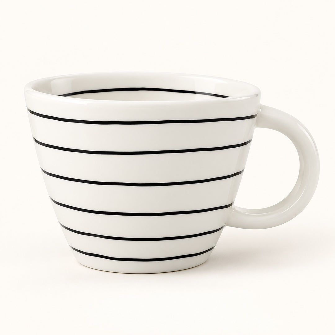 A white ceramic coffee mug with thin black horizontal stripes and a curved handle, shown on a clean white background.