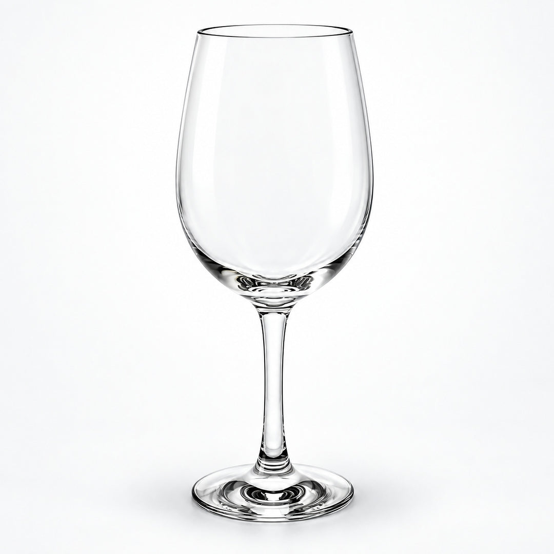 A clear stemmed wine glass with a wide bowl, photographed against a clean white studio background.
