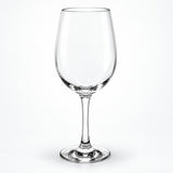 A clear stemmed wine glass with a wide bowl, photographed against a clean white studio background.