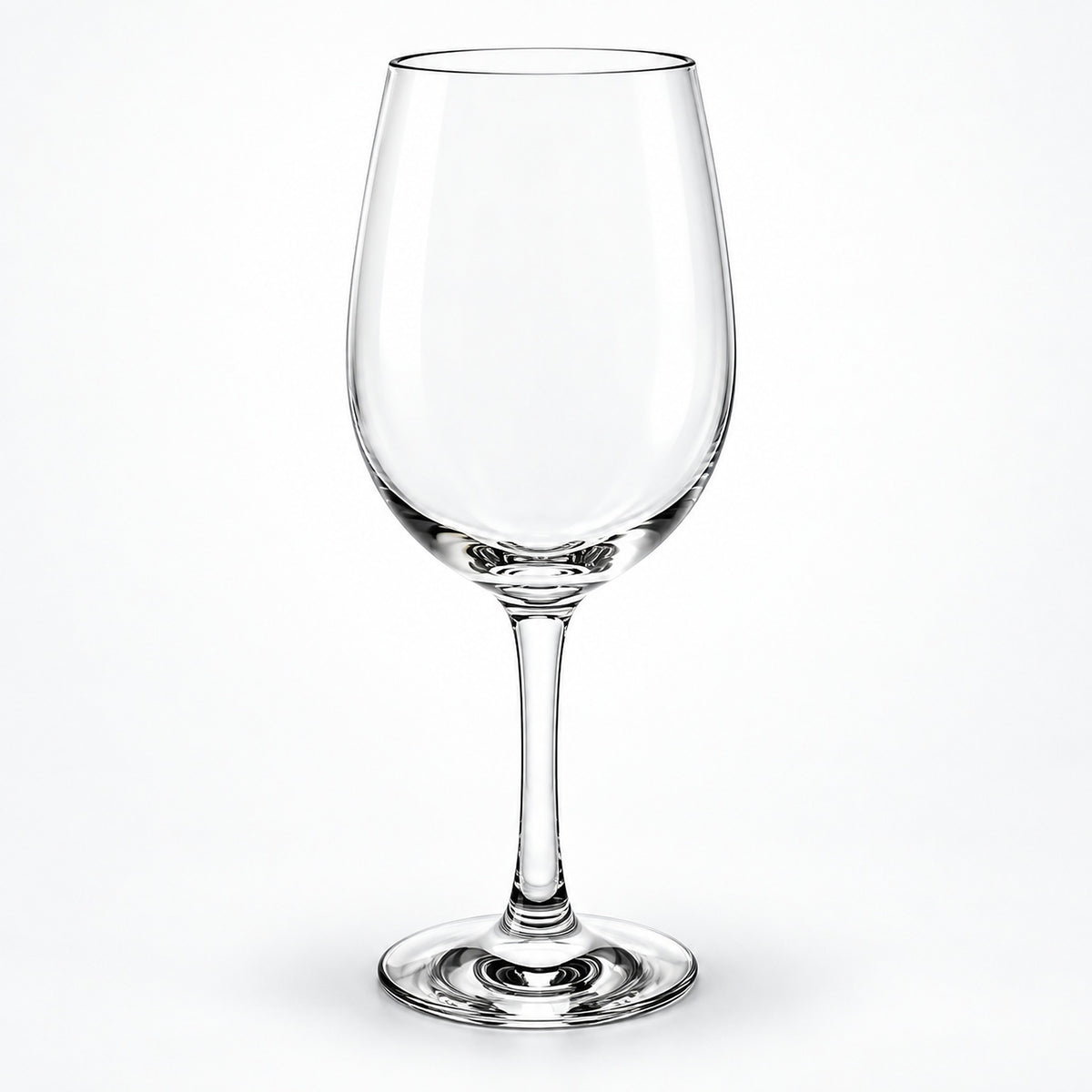 A clear stemmed wine glass with a wide bowl, photographed against a clean white studio background.