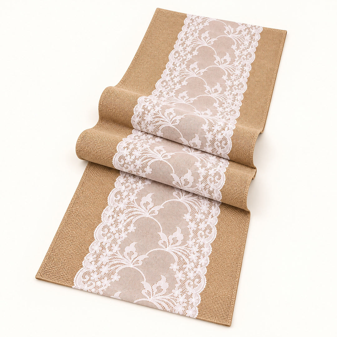 One tan runner with floral center trim, selected length.