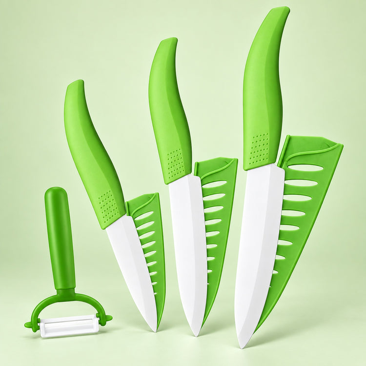 A set of green kitchen utensils on a pale green background, including three kitchen shears/slicers with white blades and a green peeler.