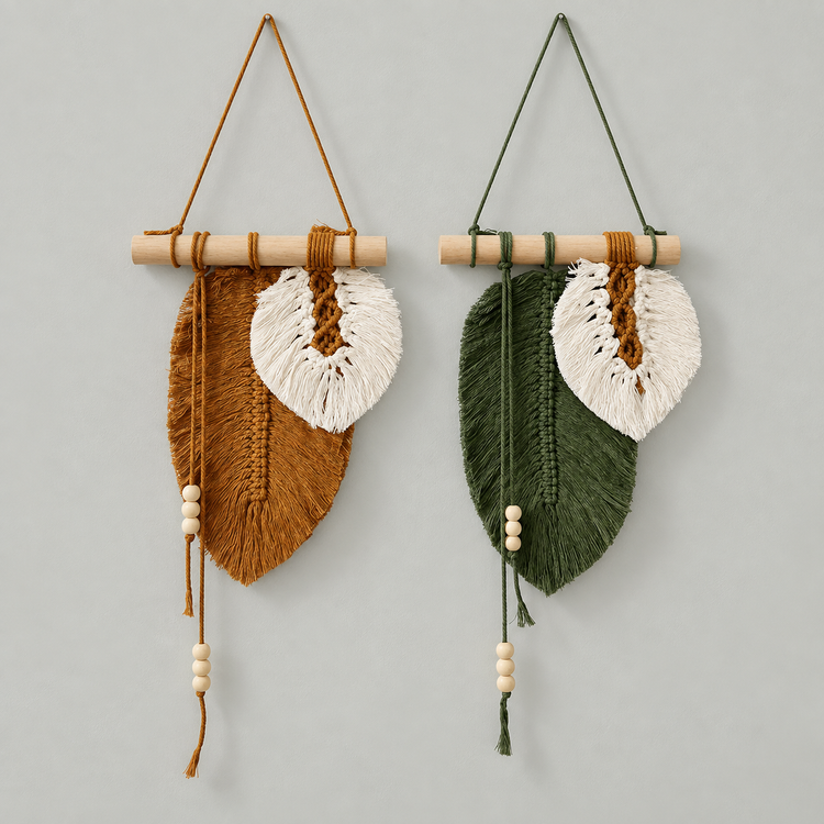 Rust and green macrame leaf pairs with wooden beads on dowels, pale grey ground