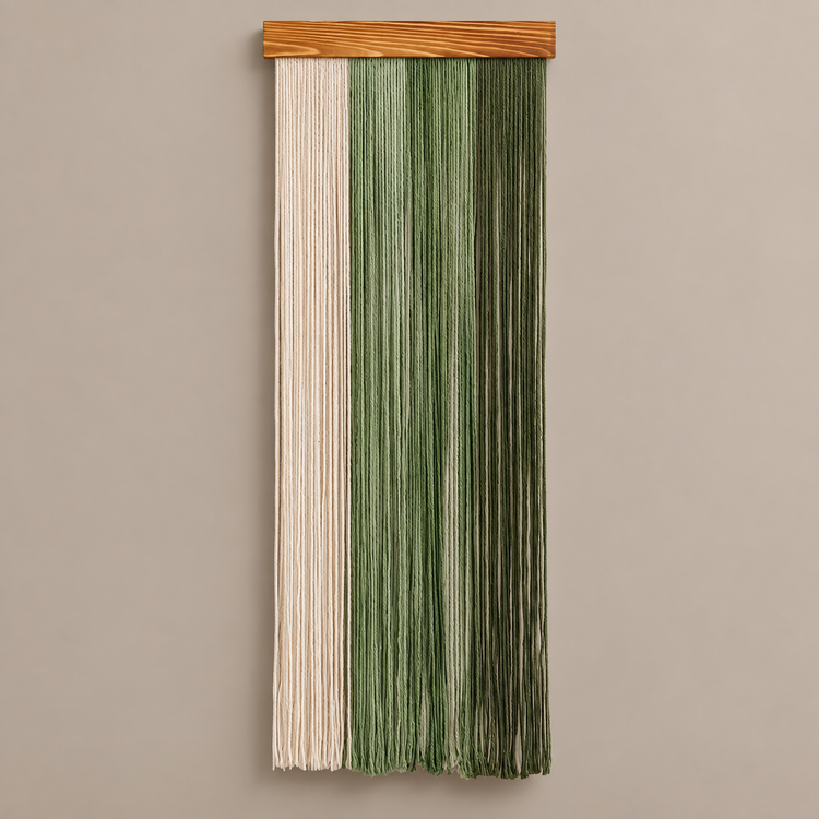 Cream and green straight fringe panel on a pale batten, warm background