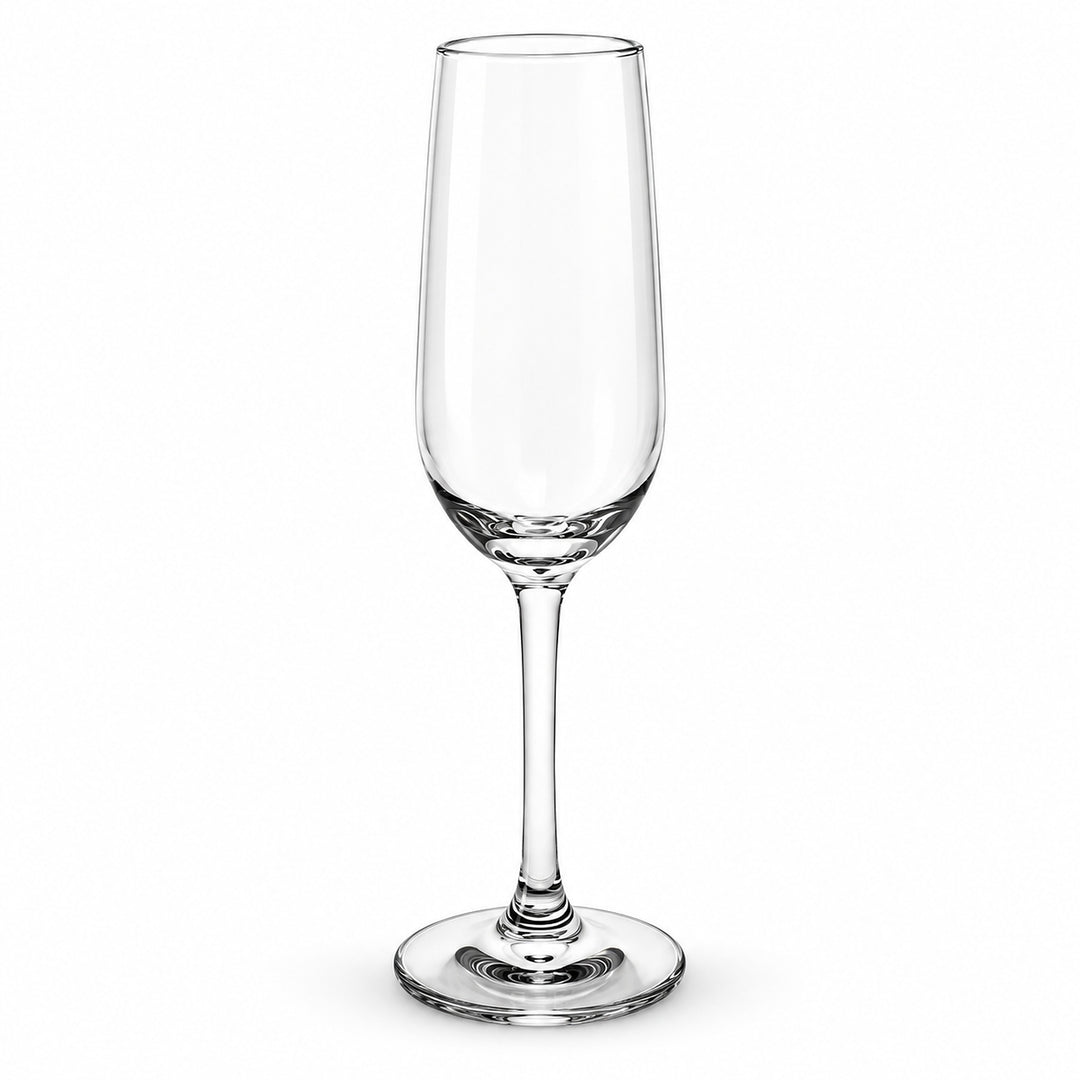 A single clear glass champagne flute with a long stem and a flared base, shown on a plain white background.