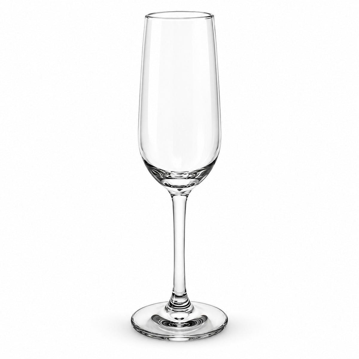 A single clear glass champagne flute with a long stem and a flared base, shown on a plain white background.