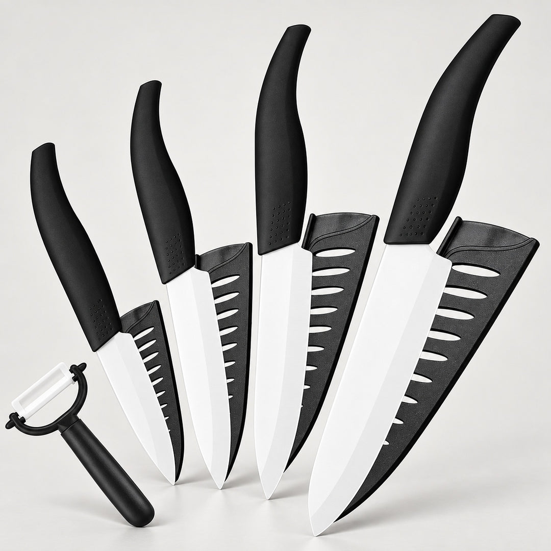 A 5-piece kitchen knife set with black handles and white blades, shown with matching black sheaths and a black-handled peeler on a light gray background.