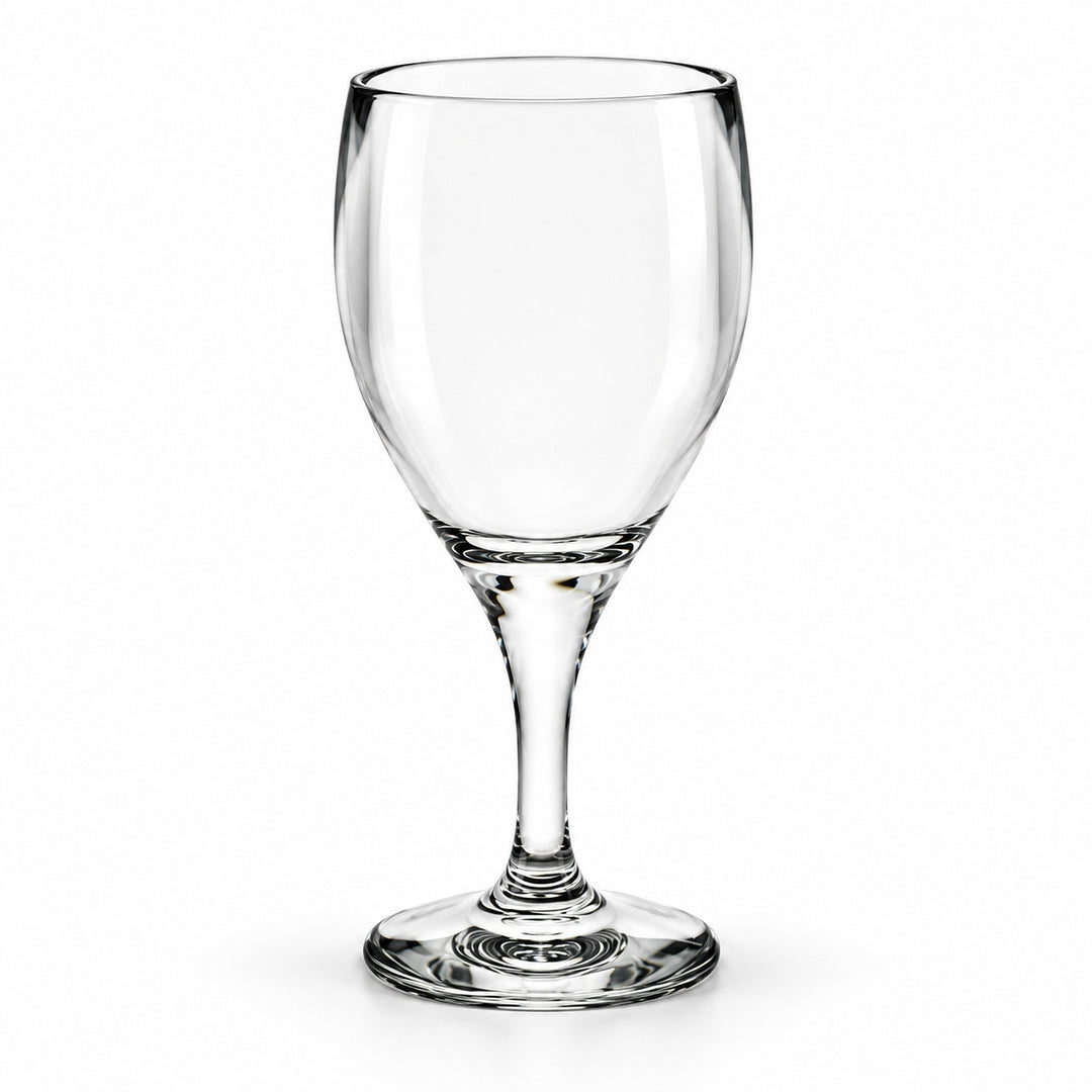 A clear stemmed wine glass with a wide, rounded bowl and a slender base, shown on a plain white background.