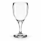 A clear stemmed wine glass with a wide, rounded bowl and a slender base, shown on a plain white background.