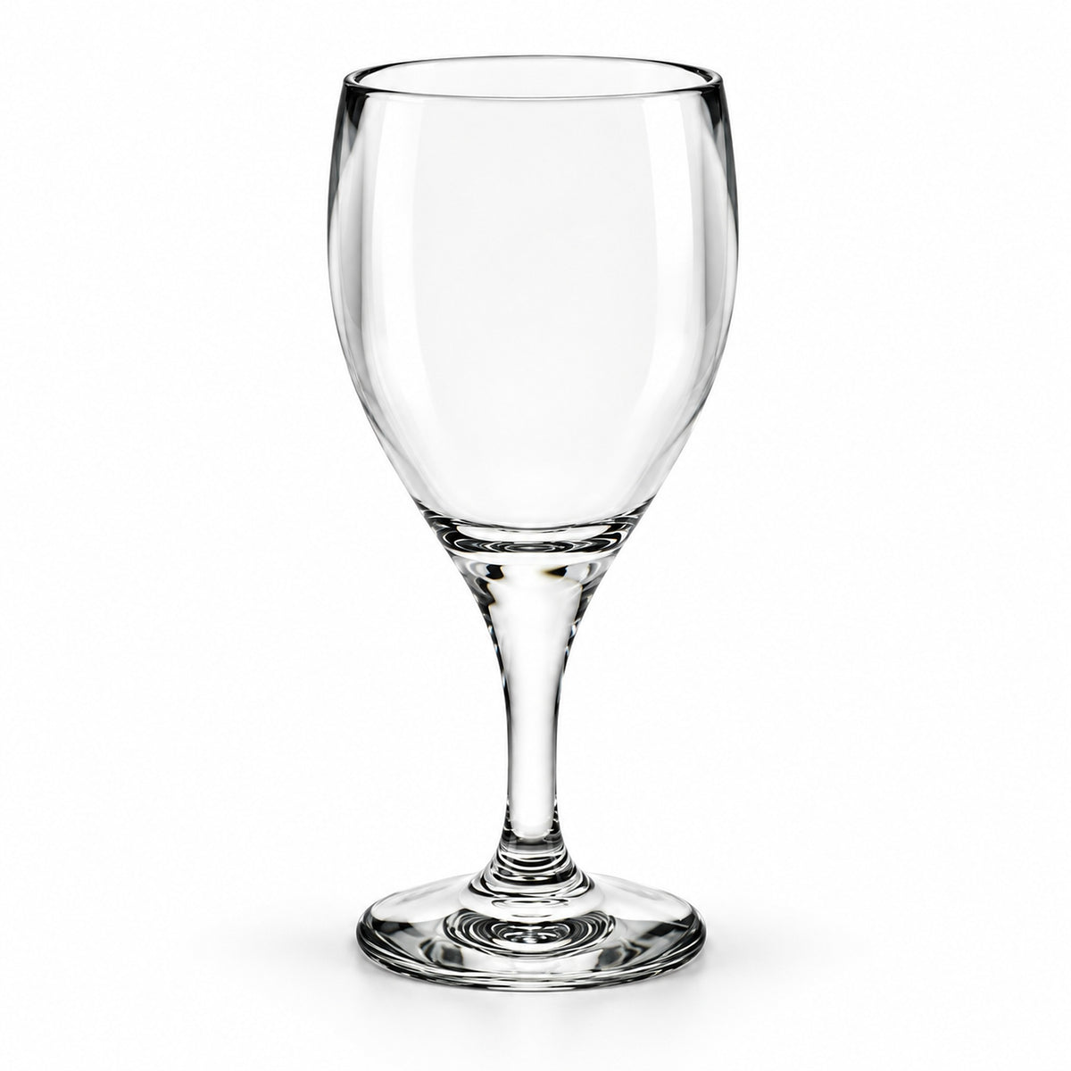 A clear stemmed wine glass with a wide, rounded bowl and a slender base, shown on a plain white background.