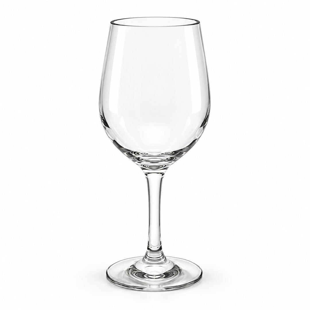 A clear stemmed wine glass with a wide bowl, photographed against a plain white background.