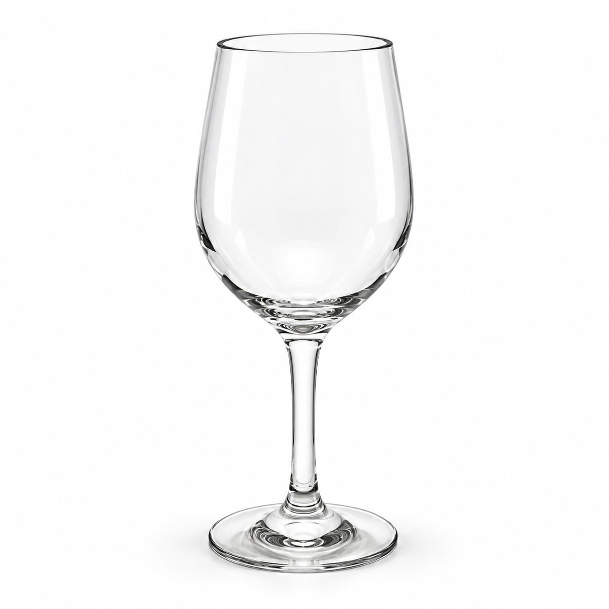 A clear stemmed wine glass with a wide bowl, photographed against a plain white background.