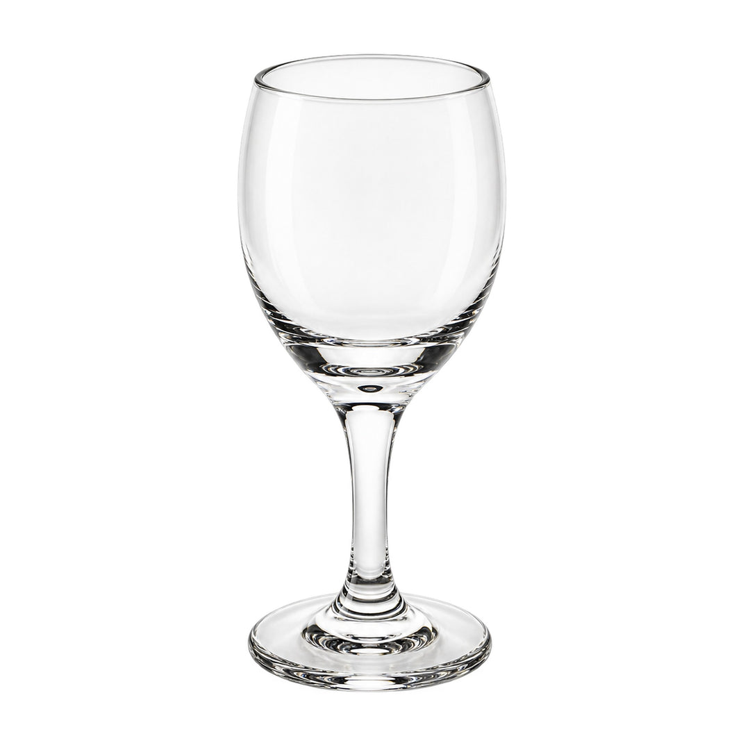 A clear glass wine glass with a wide bowl, a slender stem, and a flat circular base, photographed on a plain white background.