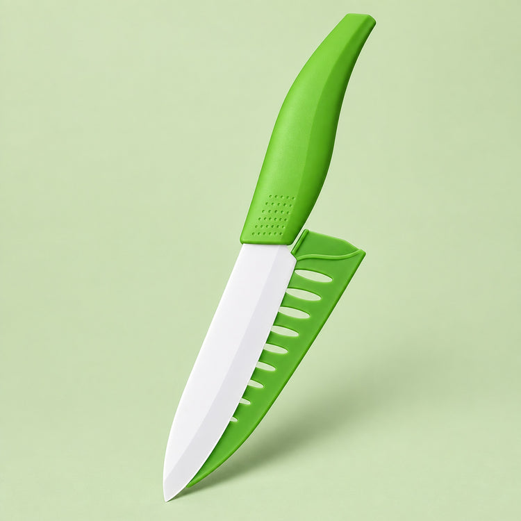 A kitchen knife with a bright green ergonomic handle and matching green sheath, shown floating against a pale green background.