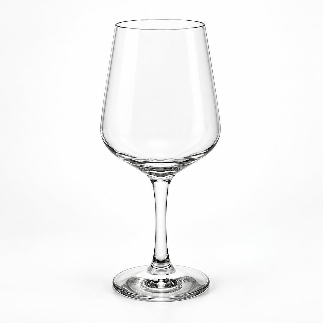 A clear stemmed wine glass with a wide, gently flared bowl, shown on a clean white background.