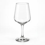 A clear stemmed wine glass with a wide, gently flared bowl, shown on a clean white background.