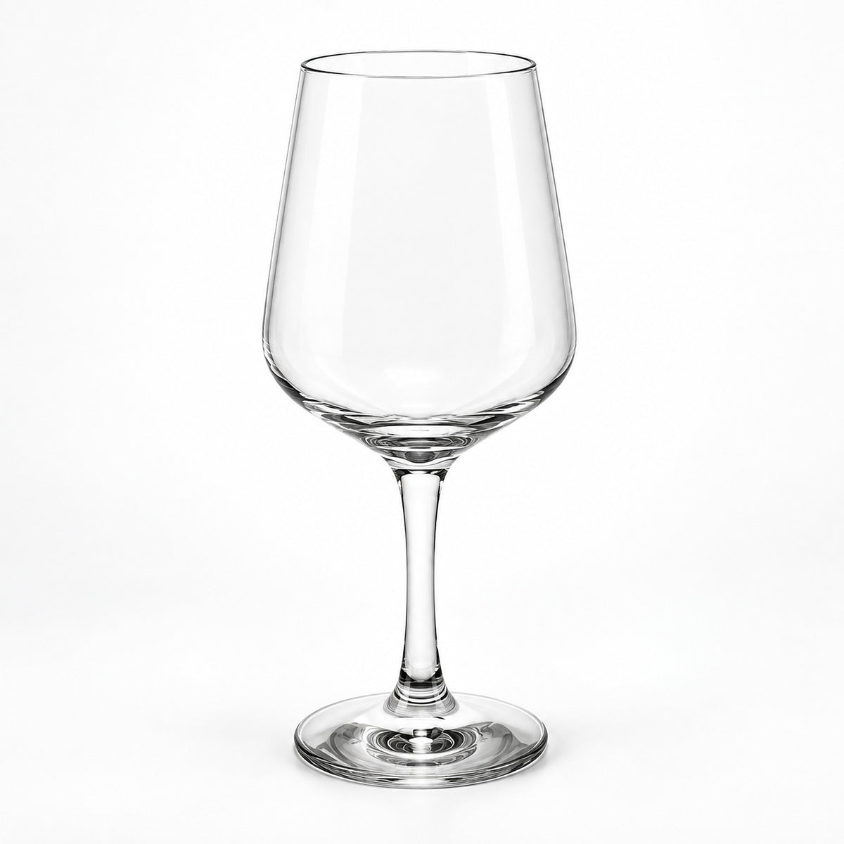 A clear stemmed wine glass with a wide, gently flared bowl, shown on a clean white background.