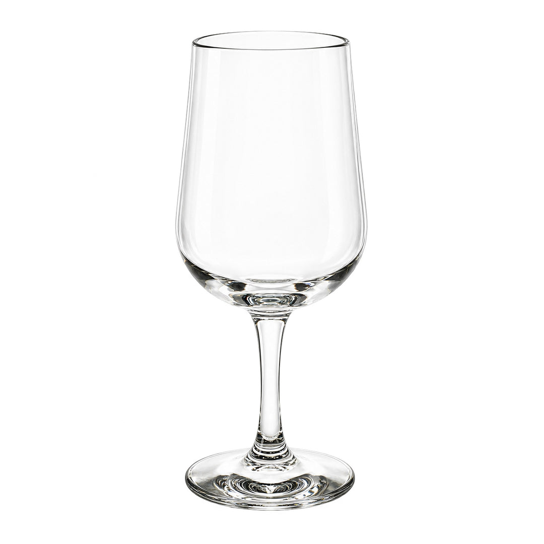 A clear glass wine glass with a wide bowl, a slender stem, and a flat circular base, shown on a plain white background.