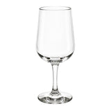 A clear glass wine glass with a wide bowl, a slender stem, and a flat circular base, shown on a plain white background.