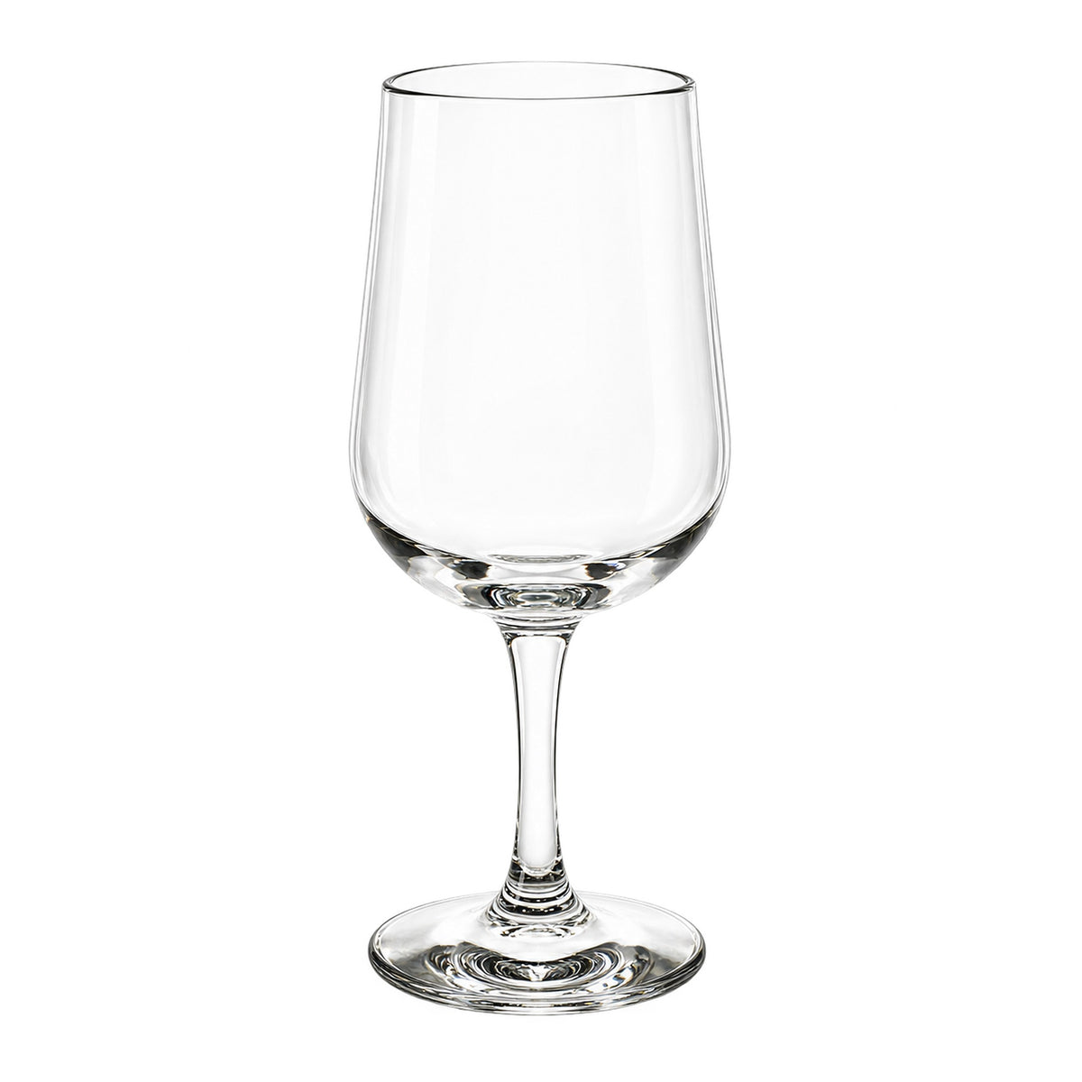 A clear glass wine glass with a wide bowl, a slender stem, and a flat circular base, shown on a plain white background.