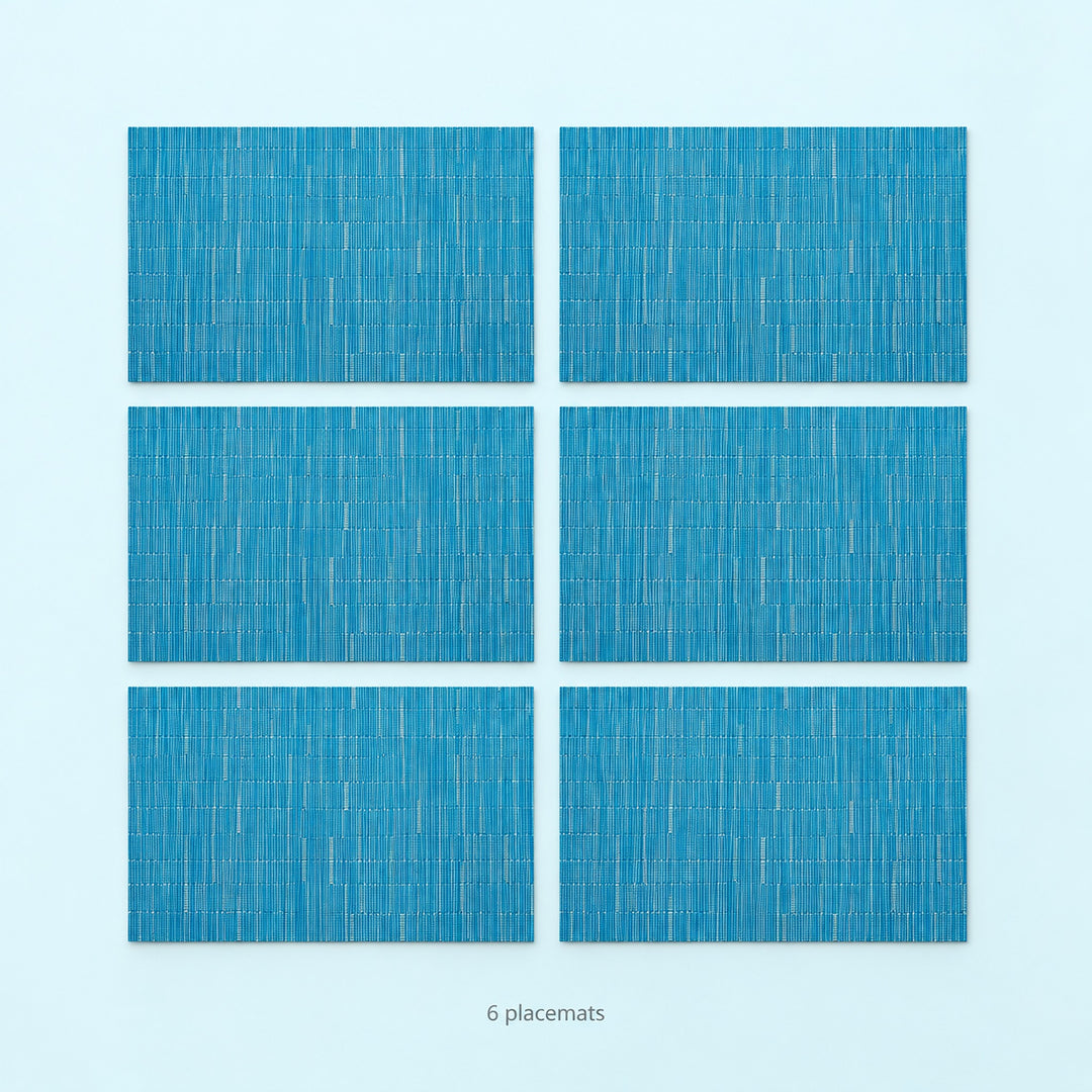 Blue woven vinyl placemats, 6-piece set, 30 by 45 cm each.