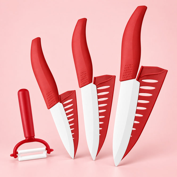 A kitchen knife and peeler set with bright red handles and white blades, arranged on a solid pink background. The set includes three different-sized knives with matching red protective sheaths and a separate red peeler.