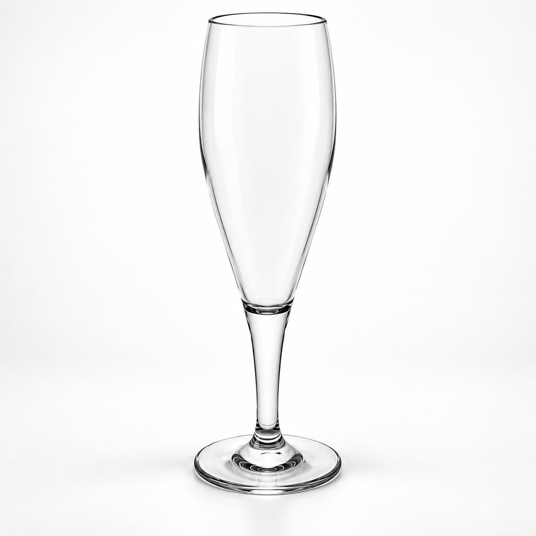 A clear glass champagne flute with a long stem and a round base, shown on a plain white background.
