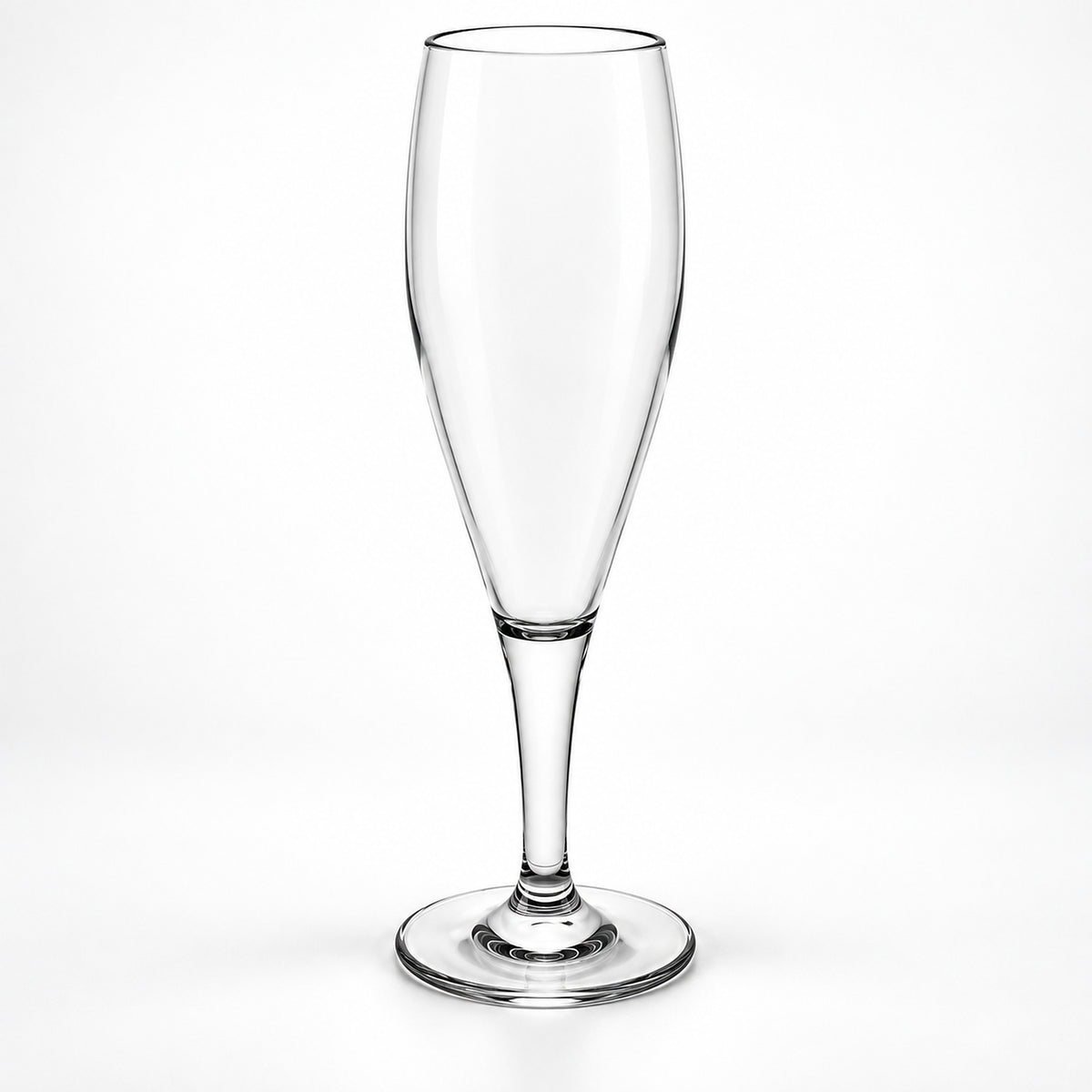 A clear glass champagne flute with a long stem and a round base, shown on a plain white background.