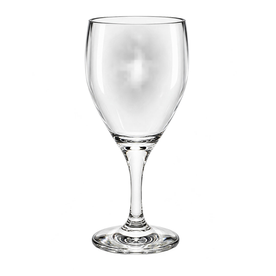 A clear glass wine glass with a wide bowl, a slender stem, and a flat circular base, shown on a plain white background.