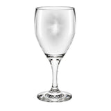 A clear glass wine glass with a wide bowl, a slender stem, and a flat circular base, shown on a plain white background.