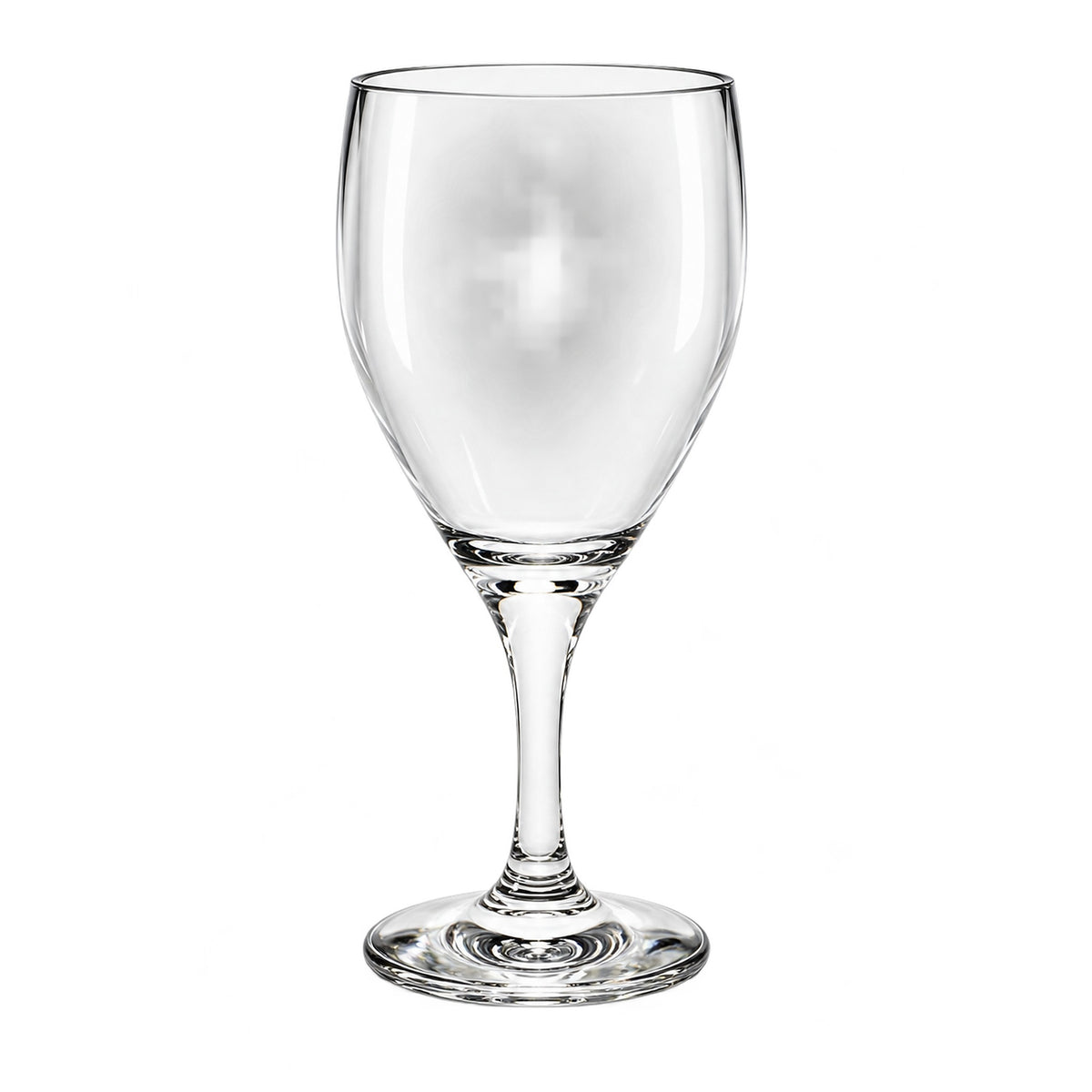 A clear glass wine glass with a wide bowl, a slender stem, and a flat circular base, shown on a plain white background.