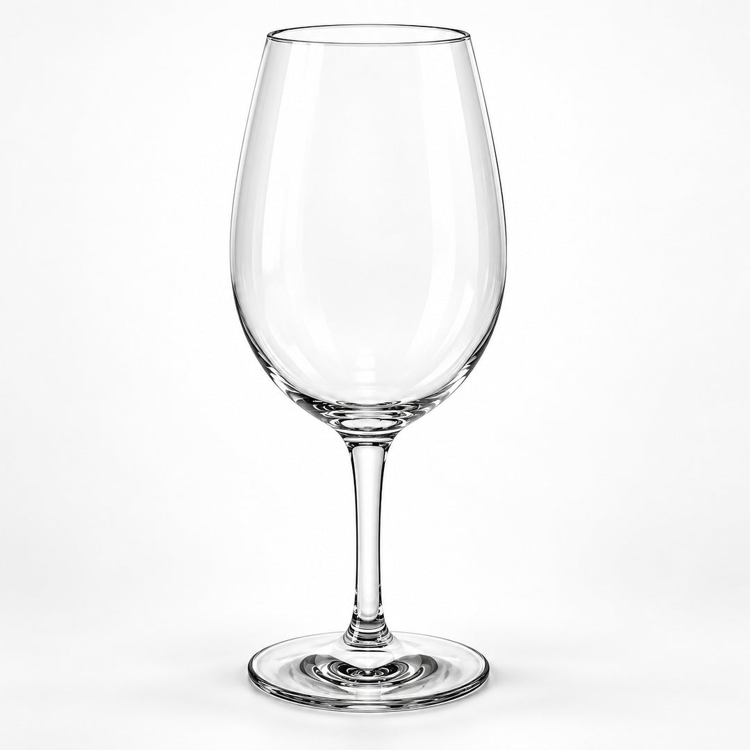 A clear stemmed wine glass with a wide, gently flared bowl, shown centered on a clean white studio background.