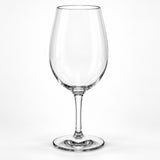 A clear stemmed wine glass with a wide, gently flared bowl, shown centered on a clean white studio background.