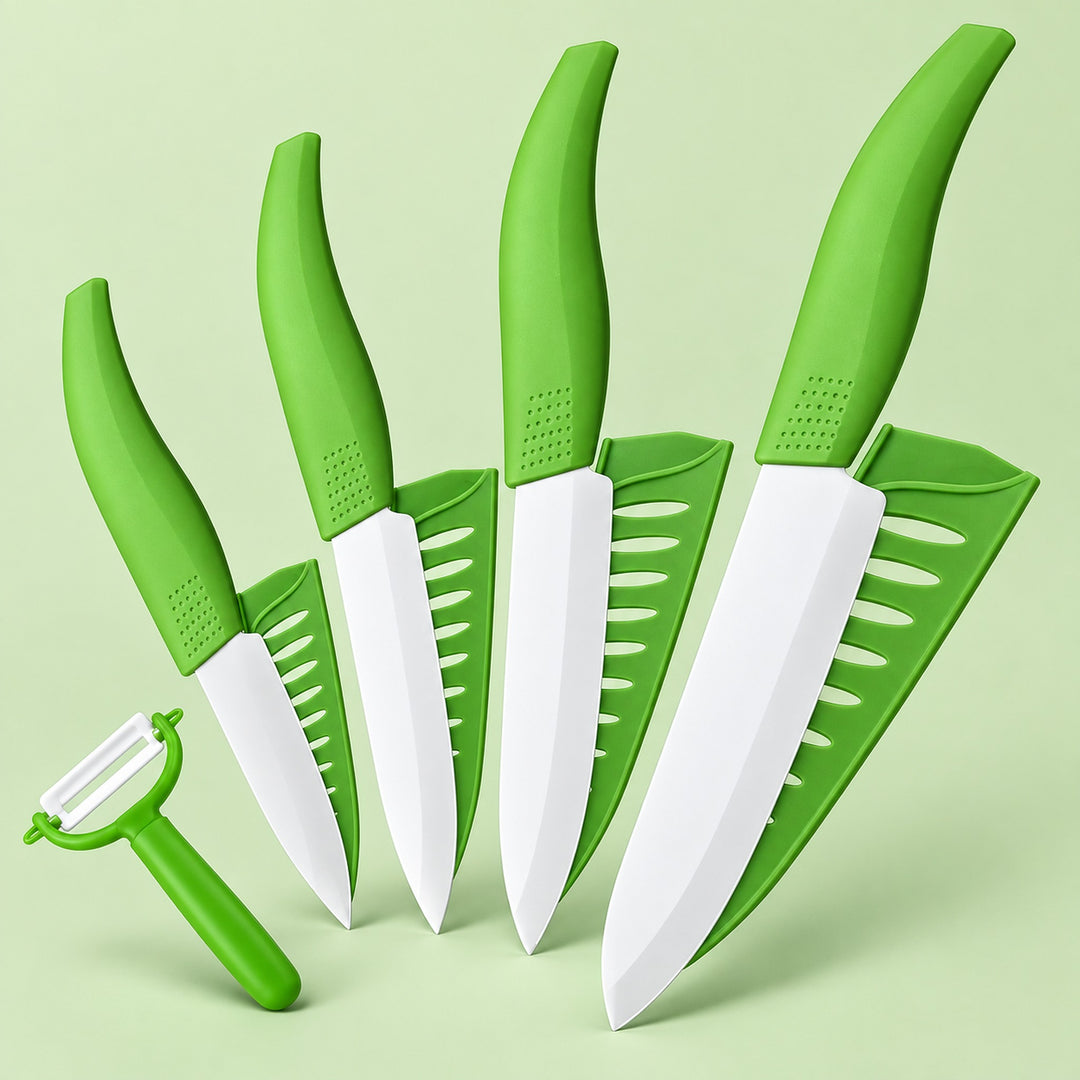 A 5-piece kitchen knife set with bright green ergonomic handles, white serrated blades, matching green sheaths, and a green peeler, arranged on a light green background.