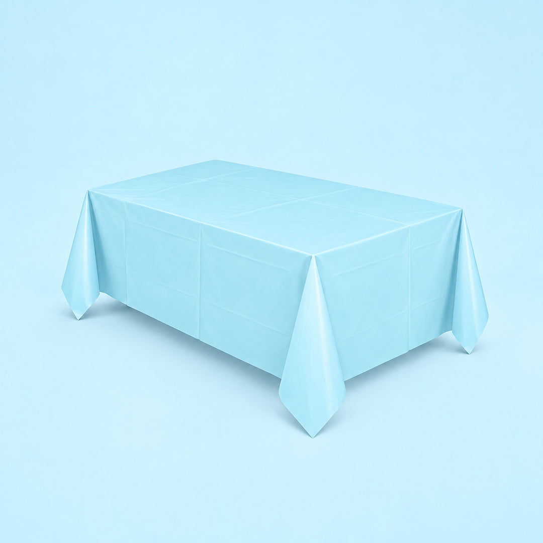 light blue disposable plastic table cover style.