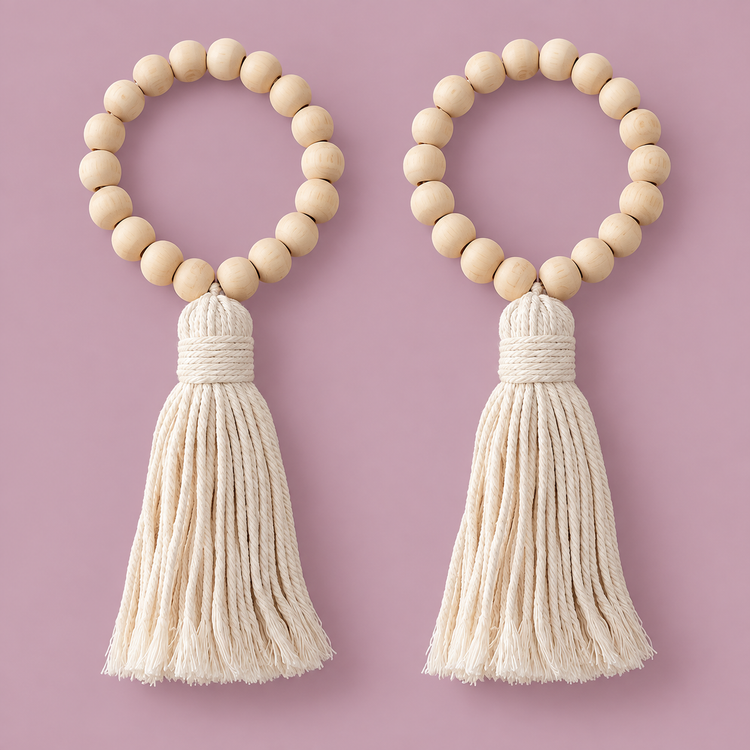 Two full wooden bead ring curtain tie backs with cream tassels on pink
