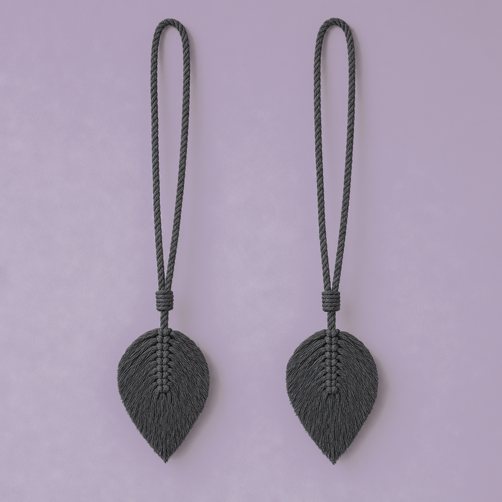 Macrame Leaf Curtain Tieback, Single or Pair - Charcoal Gray, Pair