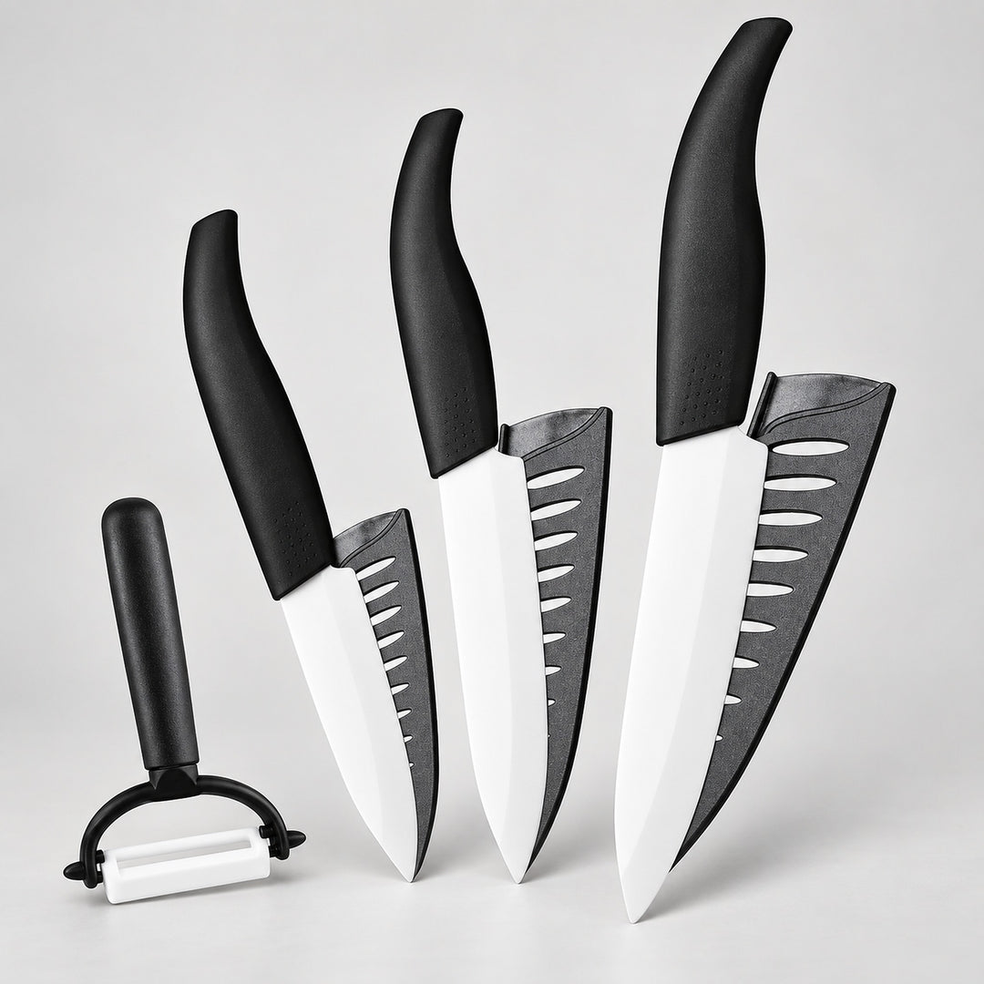 Four kitchen knives and a peeler with black handles and white blades, arranged on a light gray background.