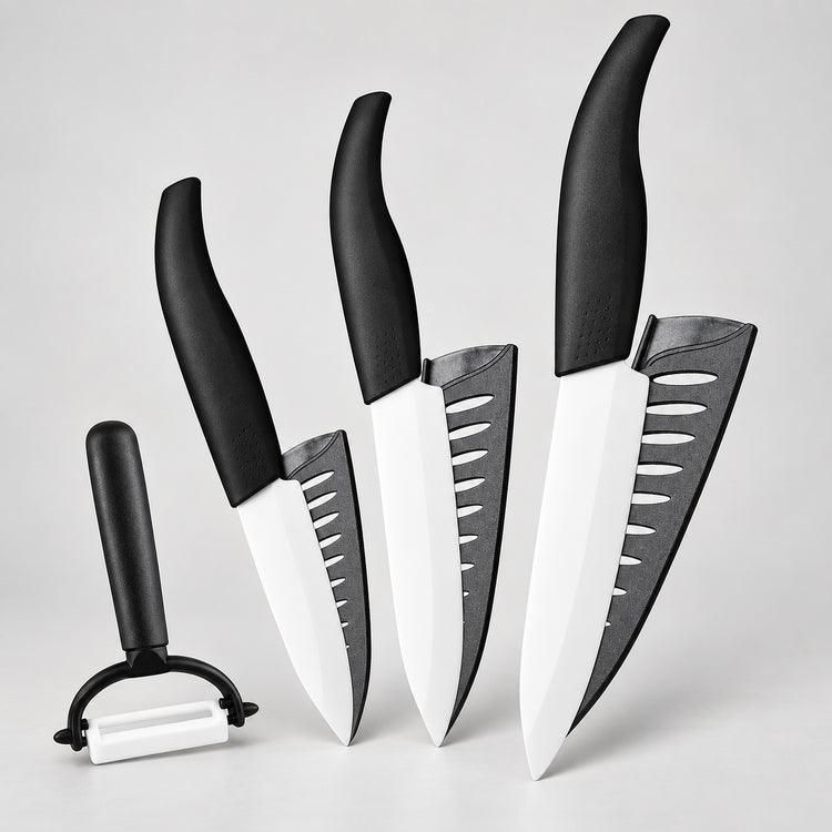 Four kitchen knives and a peeler with black handles and white blades, arranged on a light gray background.