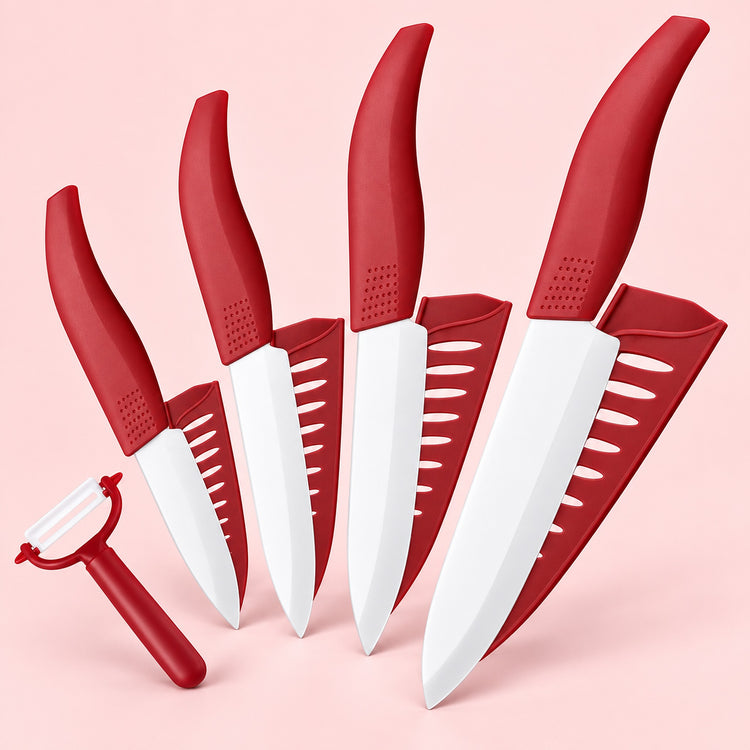 A set of five red and white kitchen utensils, including three knives, a peeler, and two small scrapers, arranged on a light pink background.