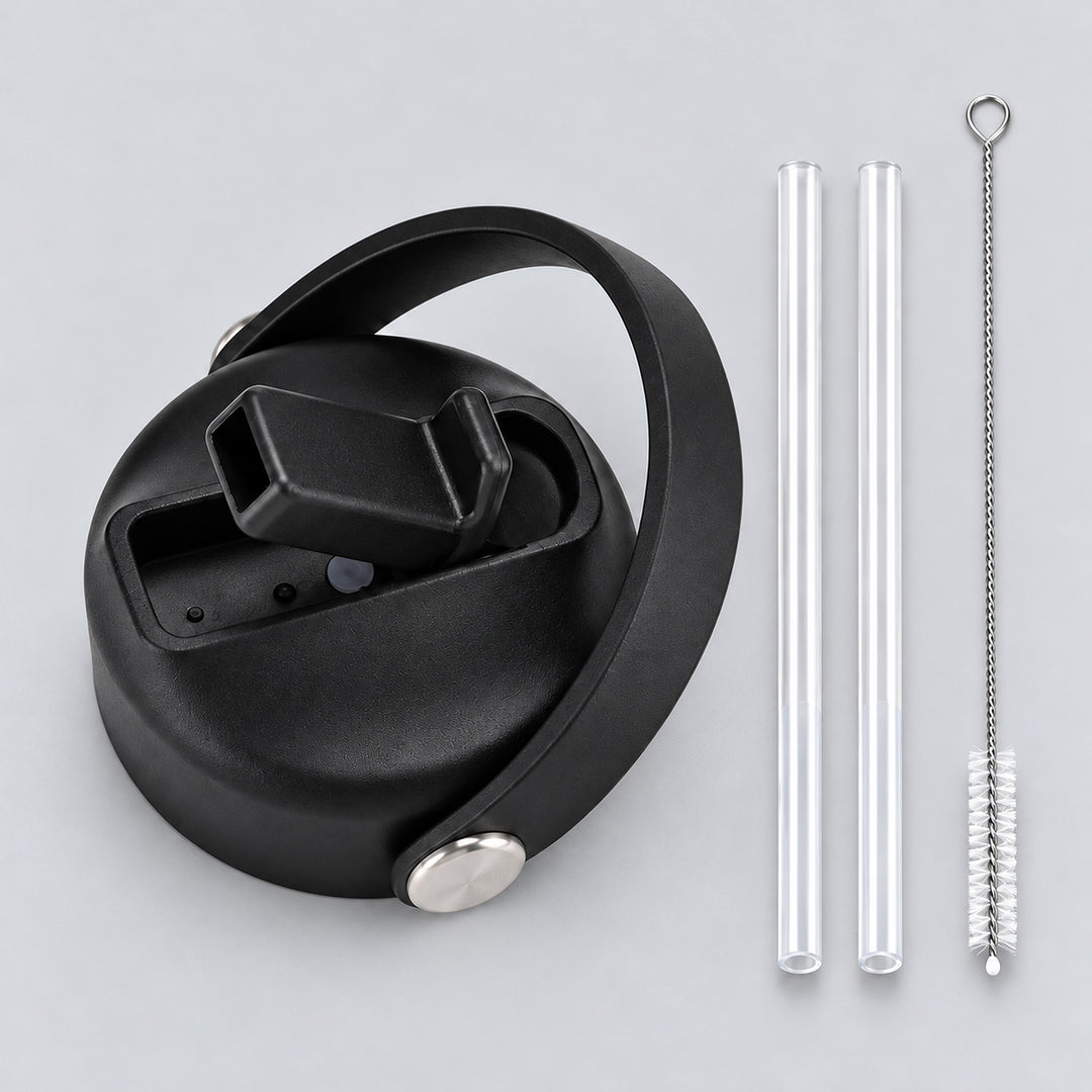 Black replacement lid with two clear straws and a cleaning brush.