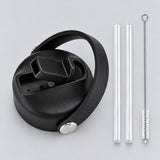 Black replacement lid with two clear straws and a cleaning brush.