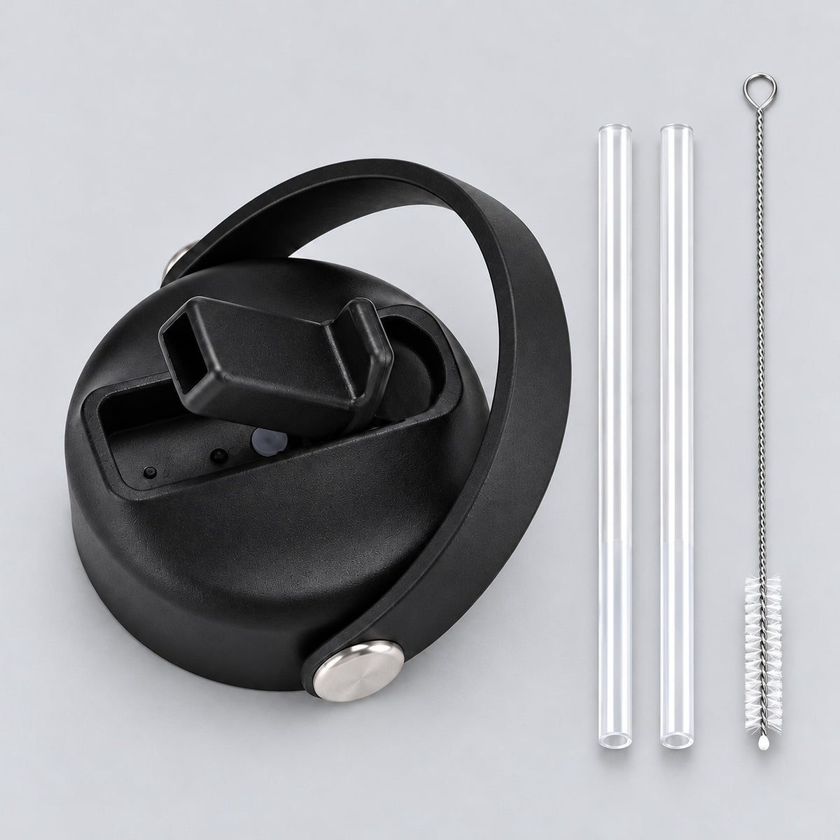 Black replacement lid with two clear straws and a cleaning brush.
