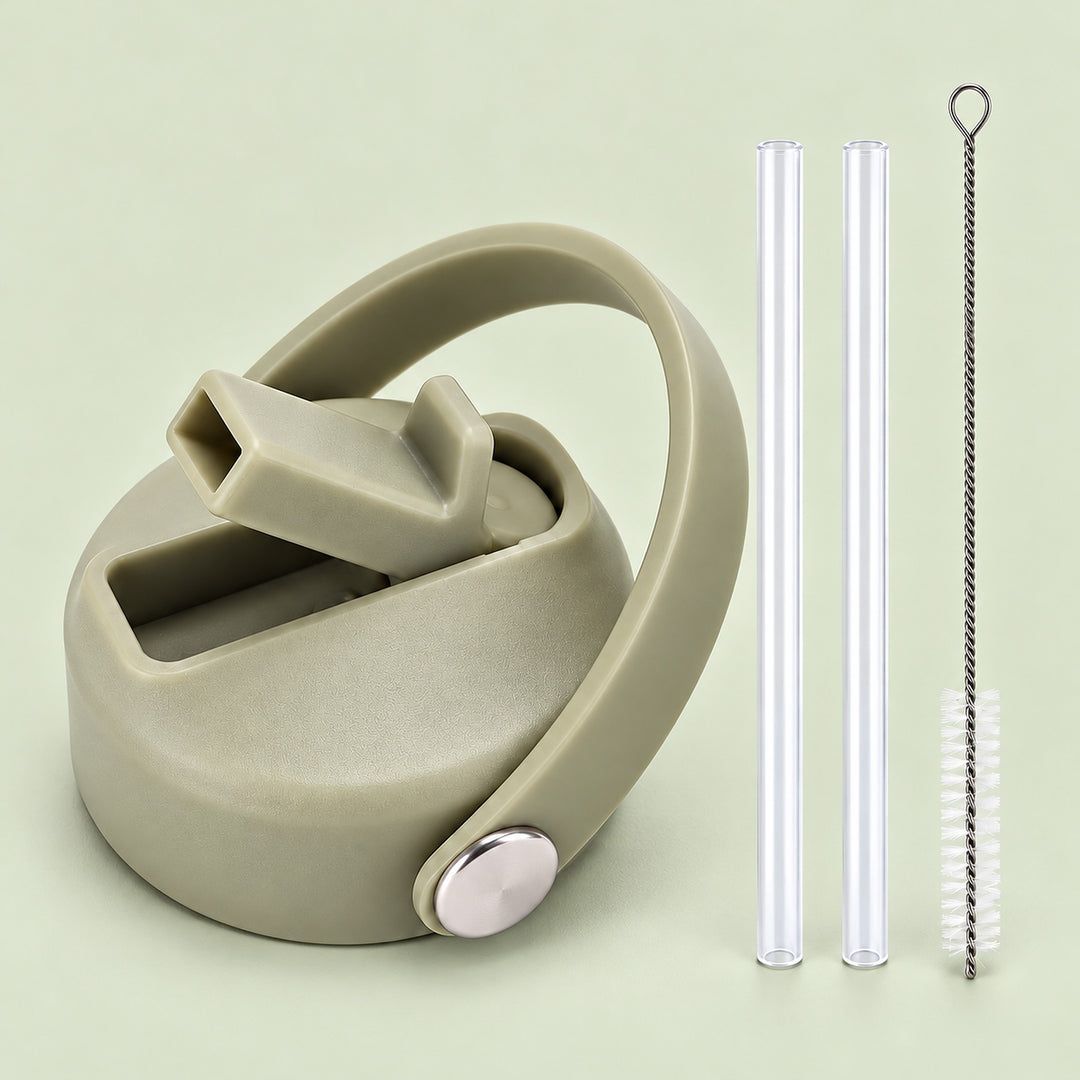 Sage Green replacement lid with two clear straws and a cleaning brush.