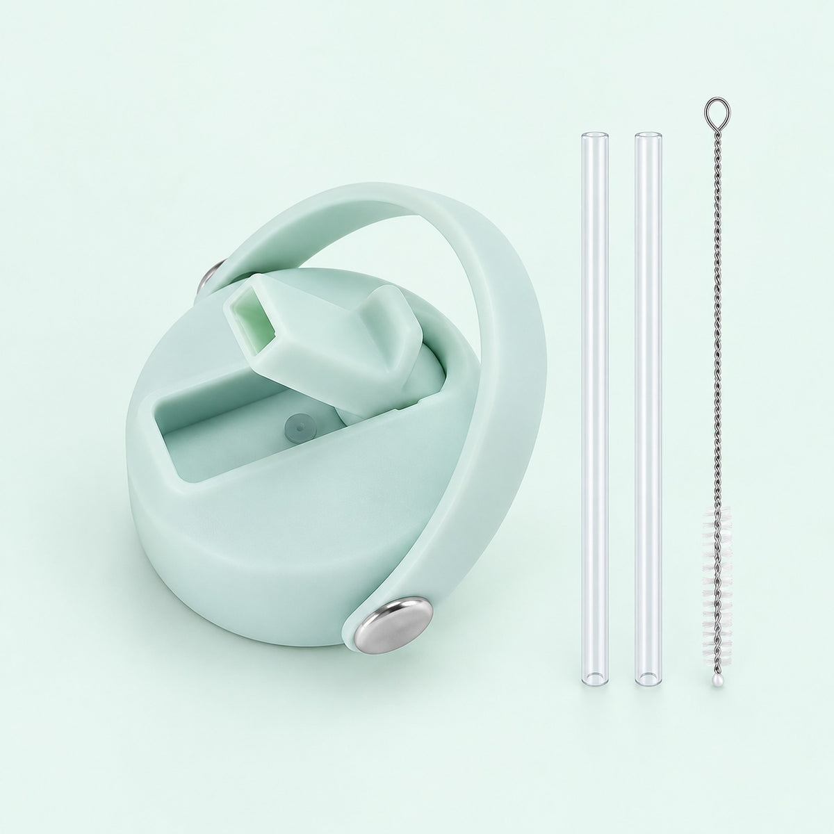 Mint Green replacement lid with two clear straws and a cleaning brush.