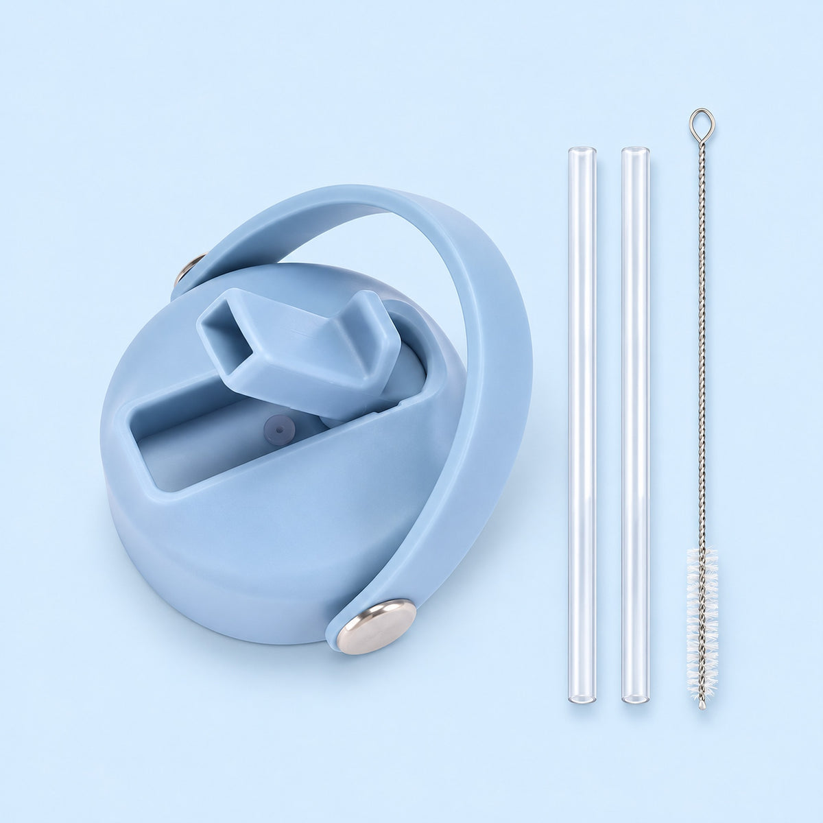 Light Blue replacement lid with two clear straws and a cleaning brush.