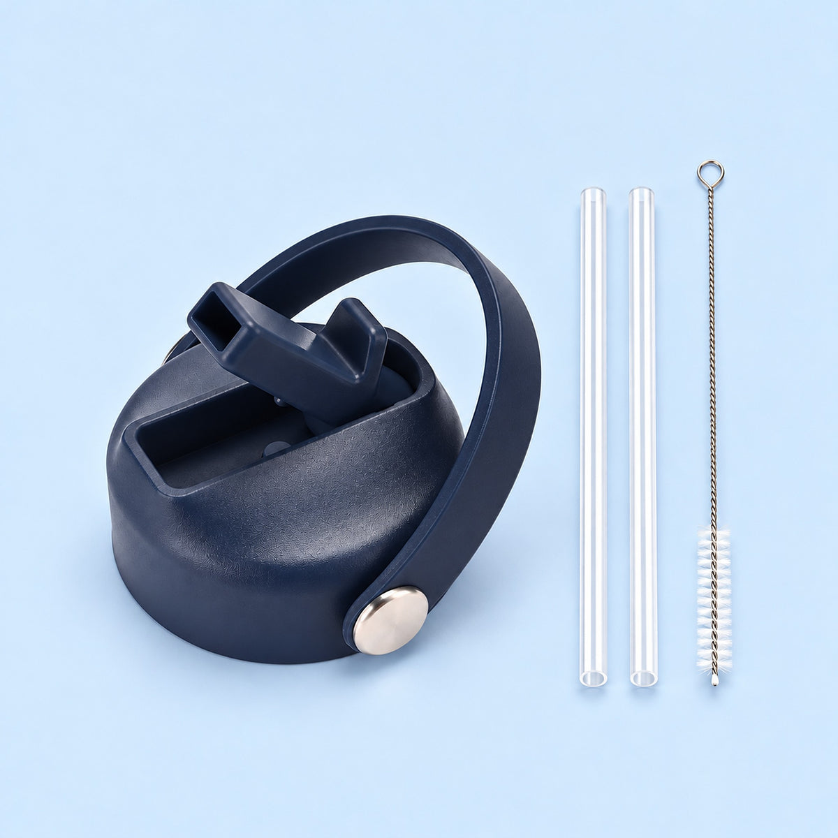 Navy Blue replacement lid with two clear straws and a cleaning brush.