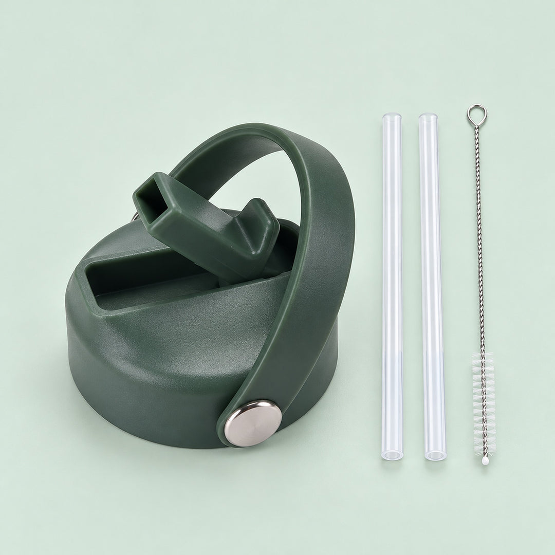 Dark Green replacement lid with two clear straws and a cleaning brush.