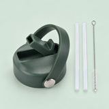 Dark Green replacement lid with two clear straws and a cleaning brush.